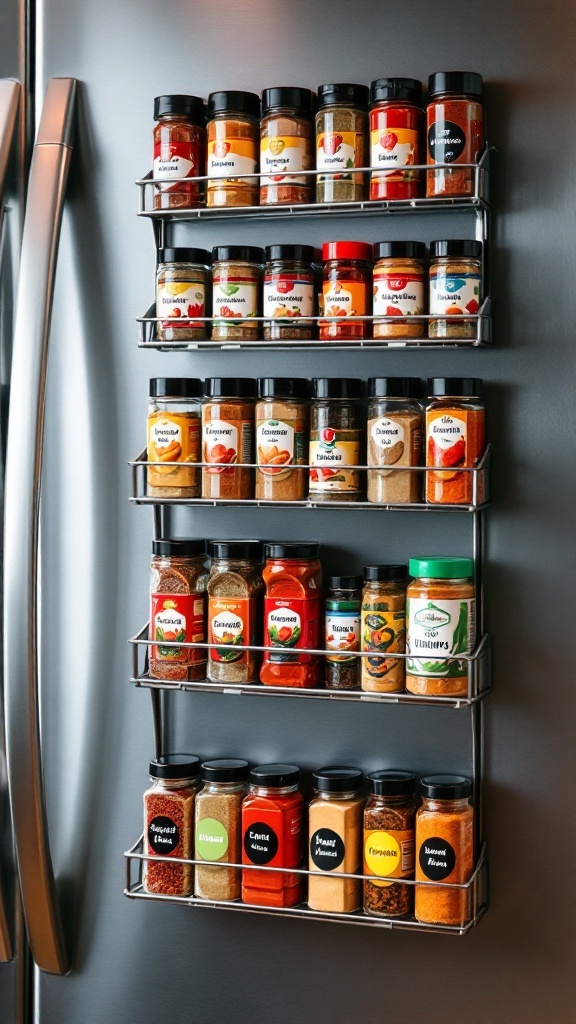 A magnetic spice rack with multiple tiers of labeled spice jars attached to a refrigerator.