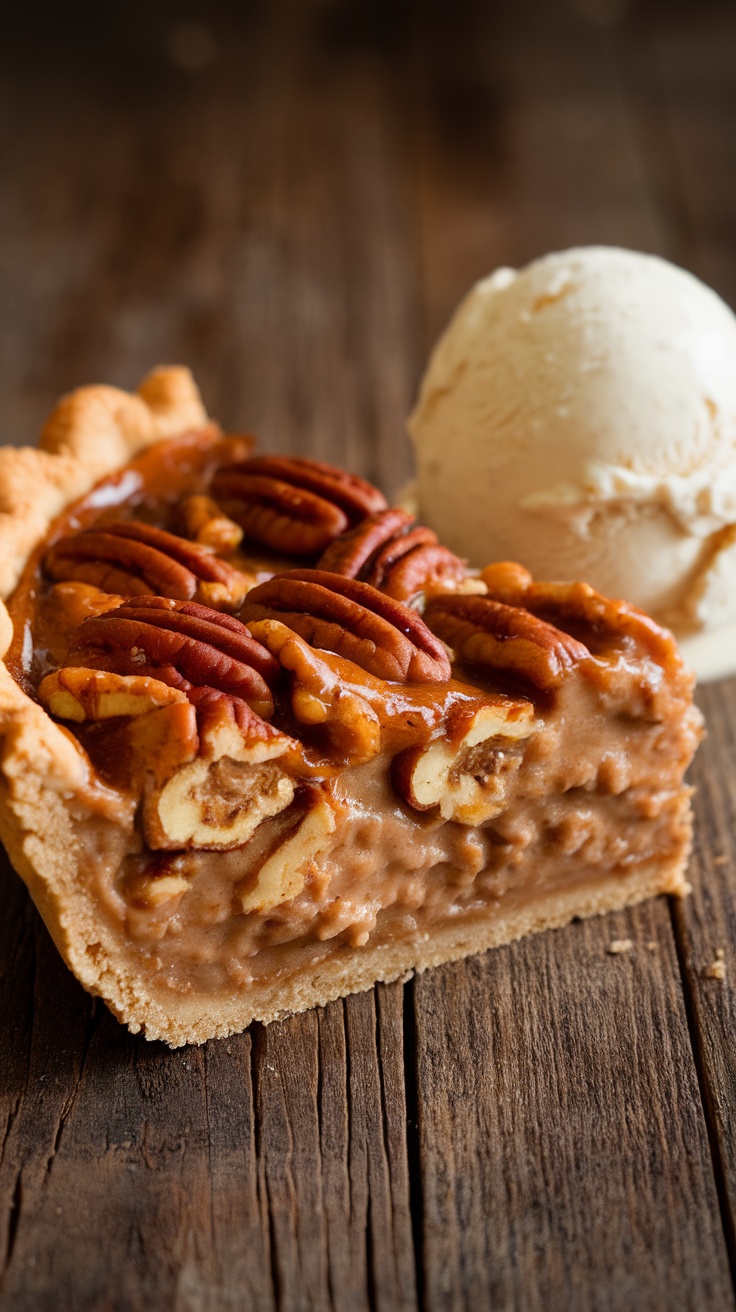 Slice of maple pecan pie served with a scoop of vanilla ice cream.