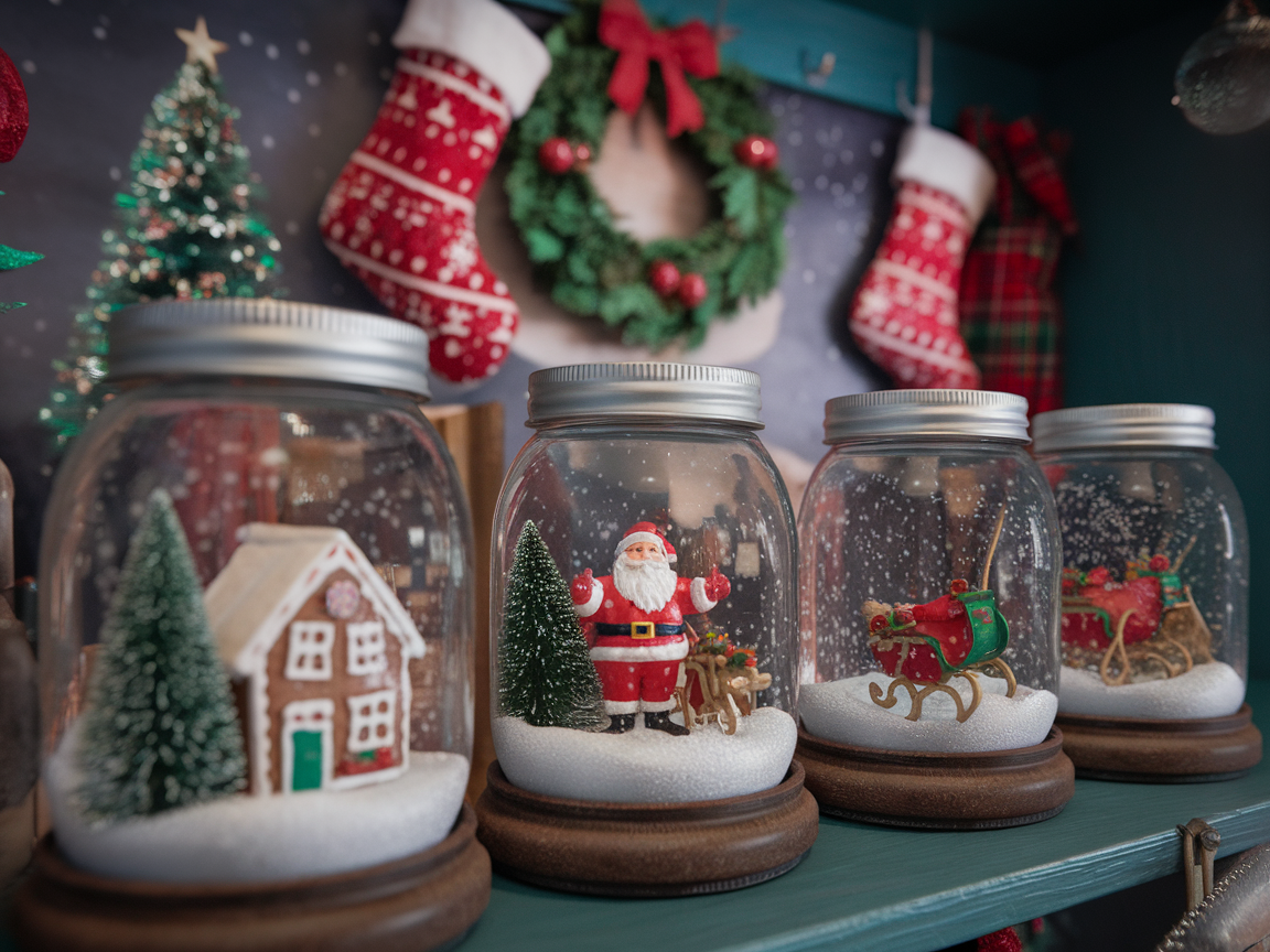 Mason jar snow globes featuring Santa, a cottage, and a sleigh, surrounded by Christmas decorations.