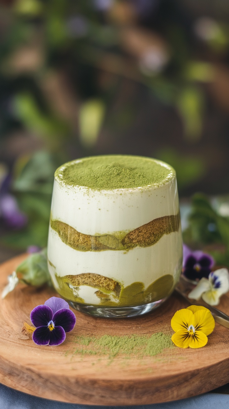 A beautiful serving of Matcha Green Tea Tiramisu in a glass topped with matcha powder.