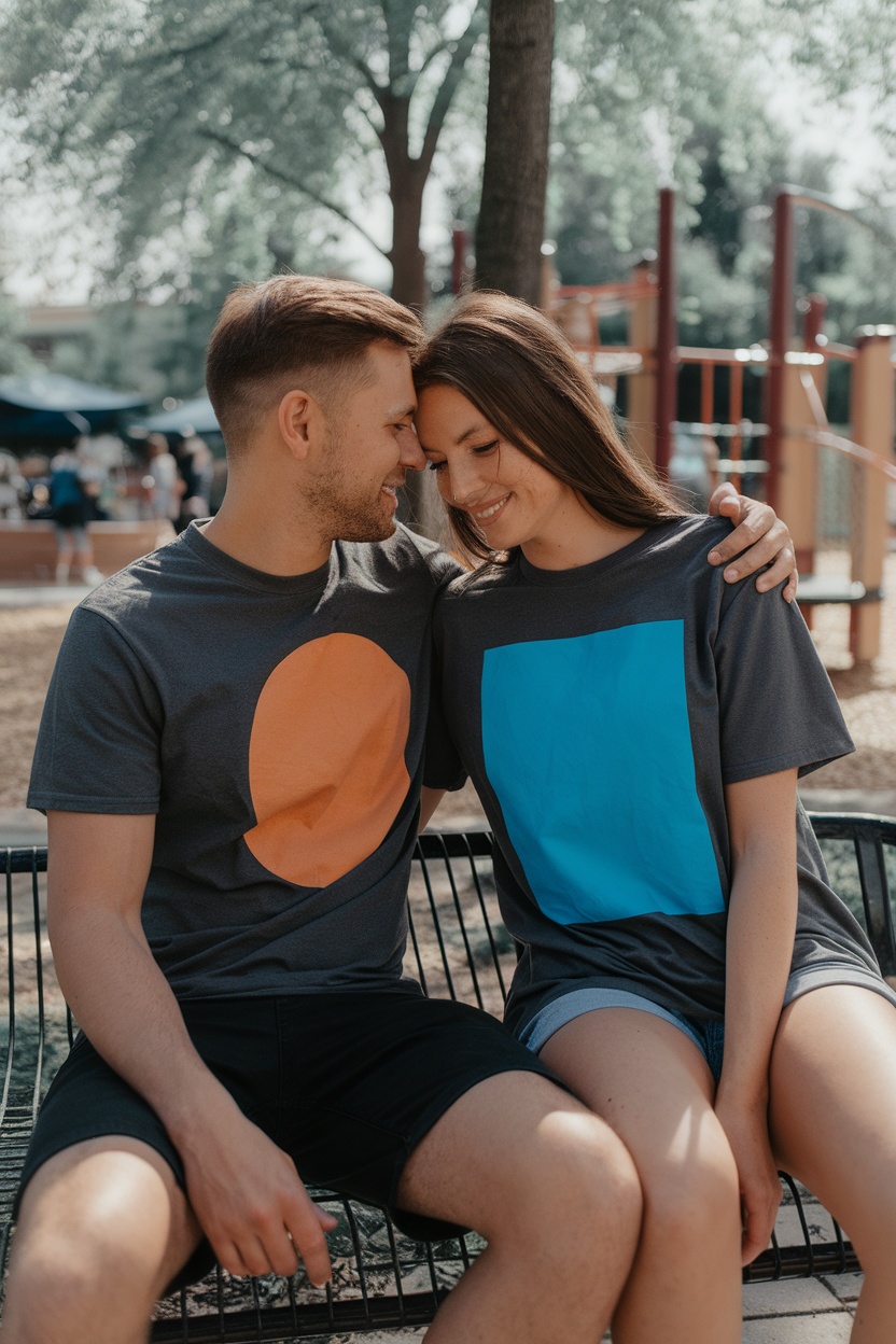 Couple wearing matching graphic t-shirts with orange and blue designs, sitting closely together, smiling in a sunny park.