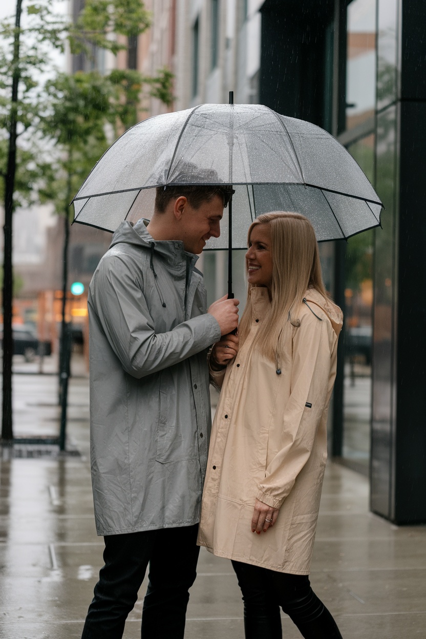 A couple sharing an umbrella while wearing matching lightweight raincoats in the rain.