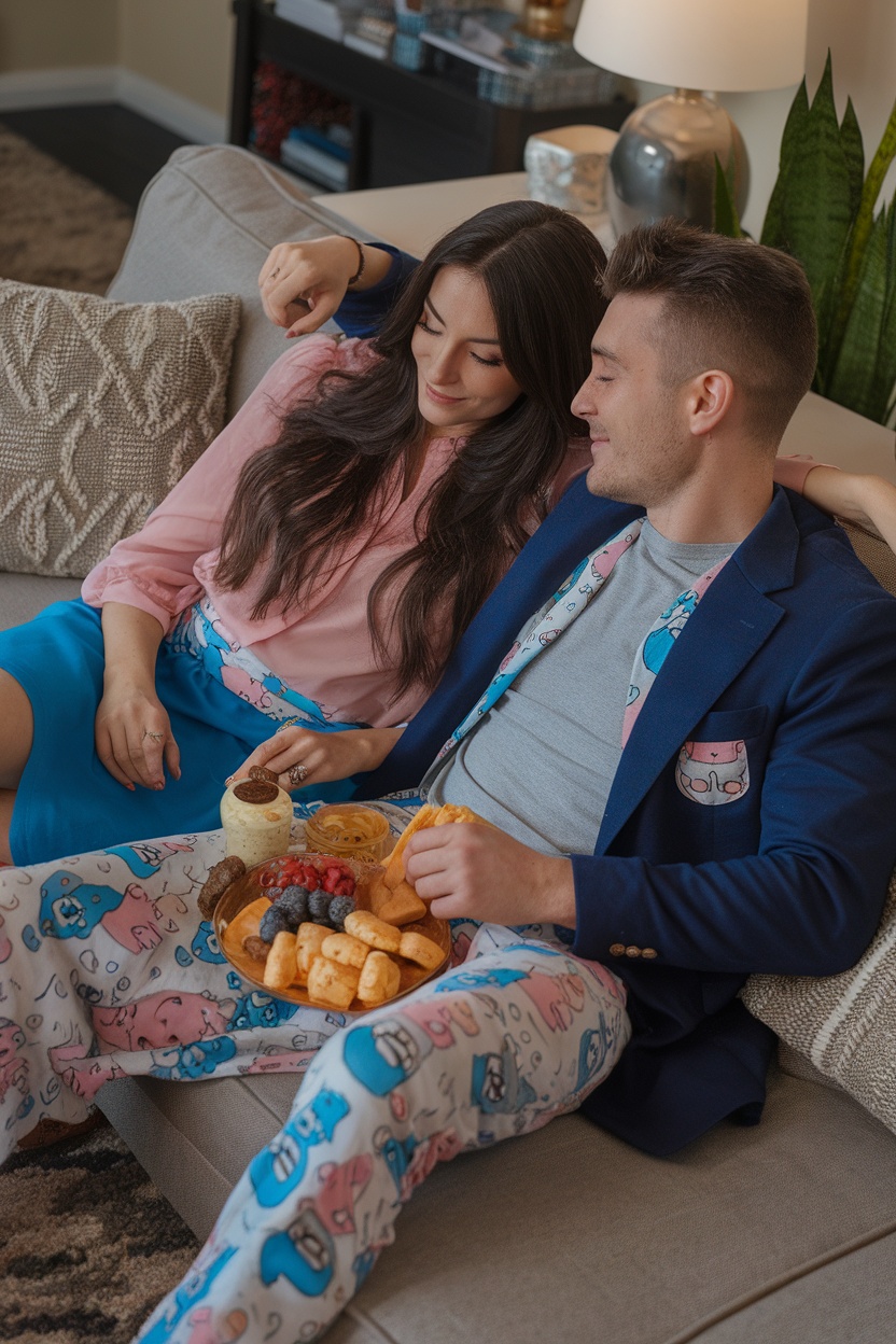 Couple in matching lounge sets with cute patterns, enjoying snacks on a couch.