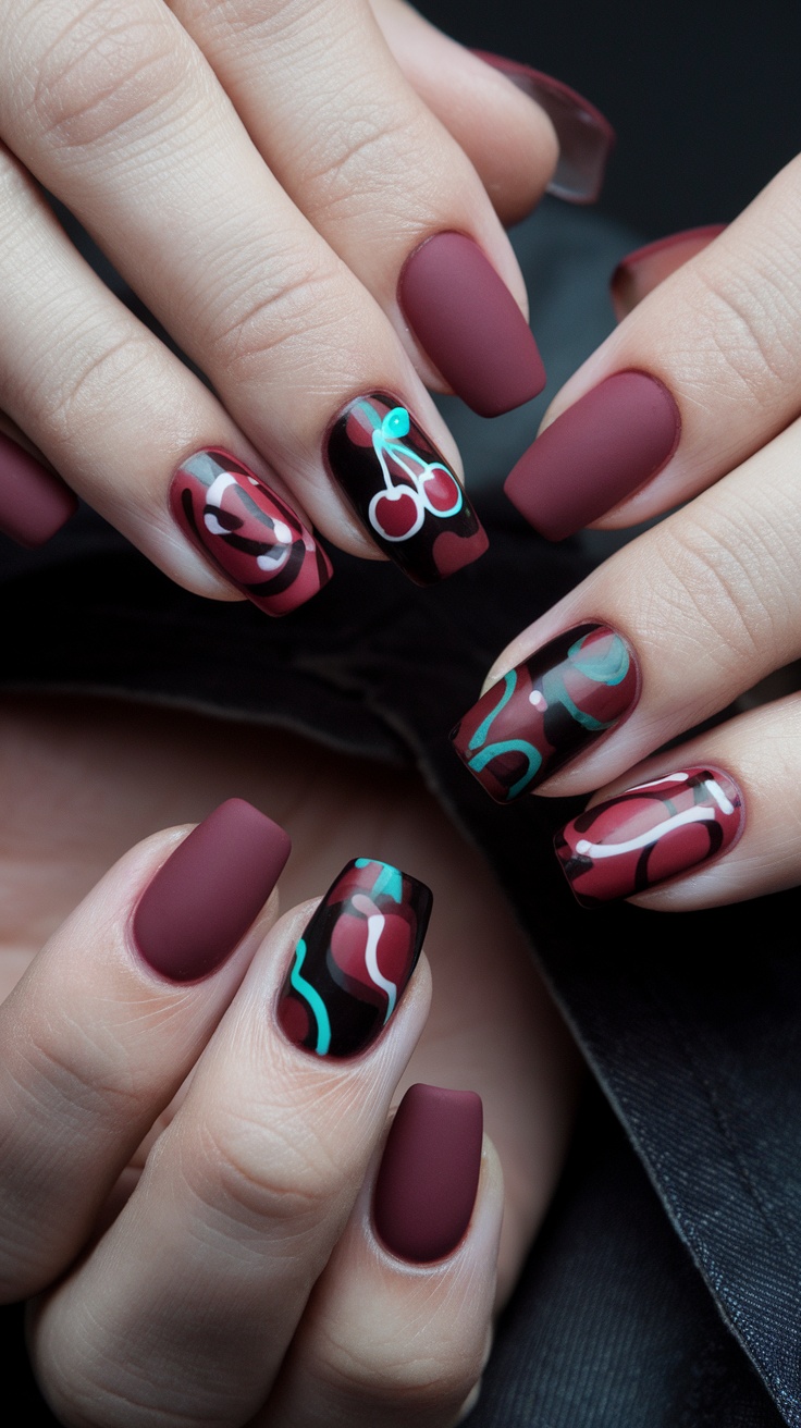 Nail art featuring a mix of matte and glossy dark cherry red nails with cherry designs.