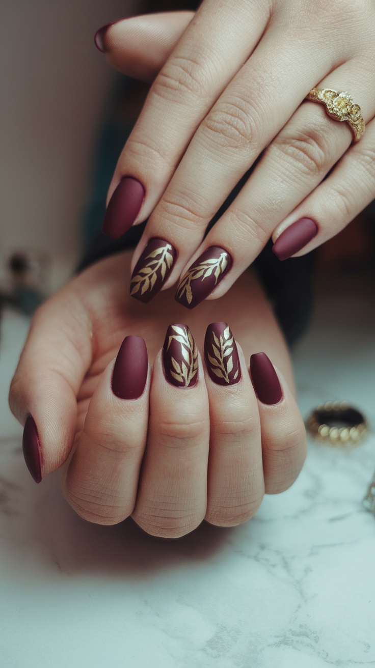 Close-up of hands with matte dark cherry red nails featuring gold leaf designs