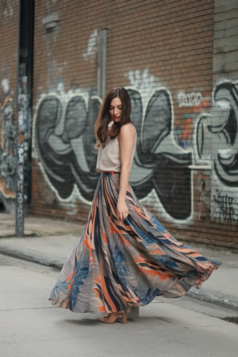 A woman twirling in a colorful maxi skirt in front of a graffiti wall.