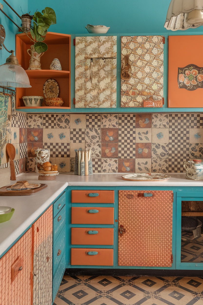 A colorful maximalist kitchen featuring turquoise and orange cabinets, patterned tiles, and decorative dishes.