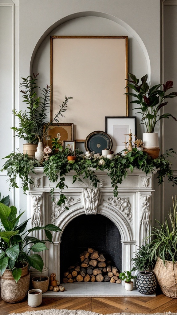 A beautifully decorated mantel with plants, art, and decorative items in a maximalist living room.