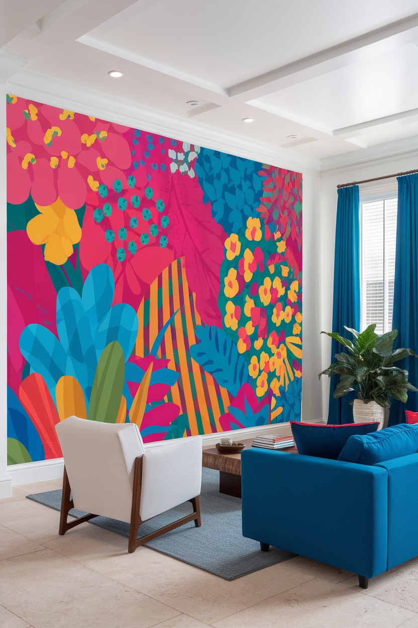 A vibrant wall mural filled with colorful flowers and leaves in a living room setting.