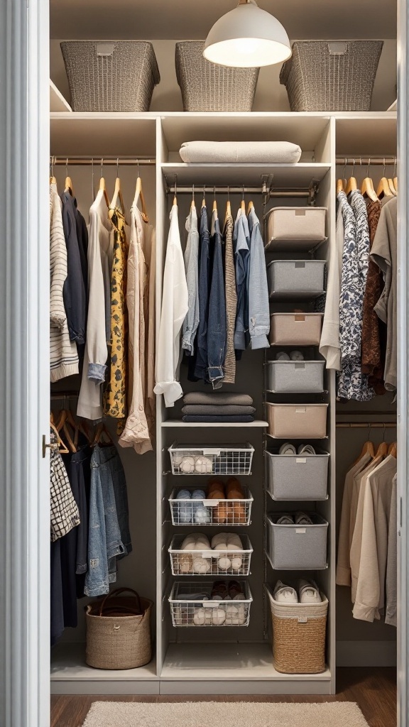 Organized closet with hanging clothes, folded items, and storage baskets.