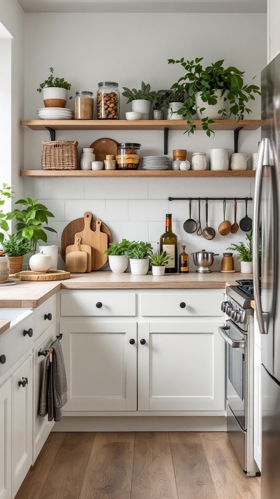 A small kitchen with open shelves, plants, and organized storage.