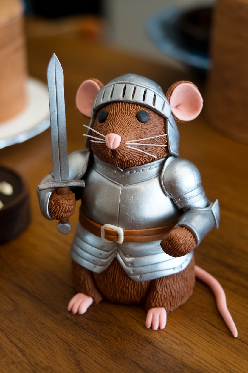 A cute cake design featuring a rat knight in shiny armor, holding a sword, standing on a wooden table.