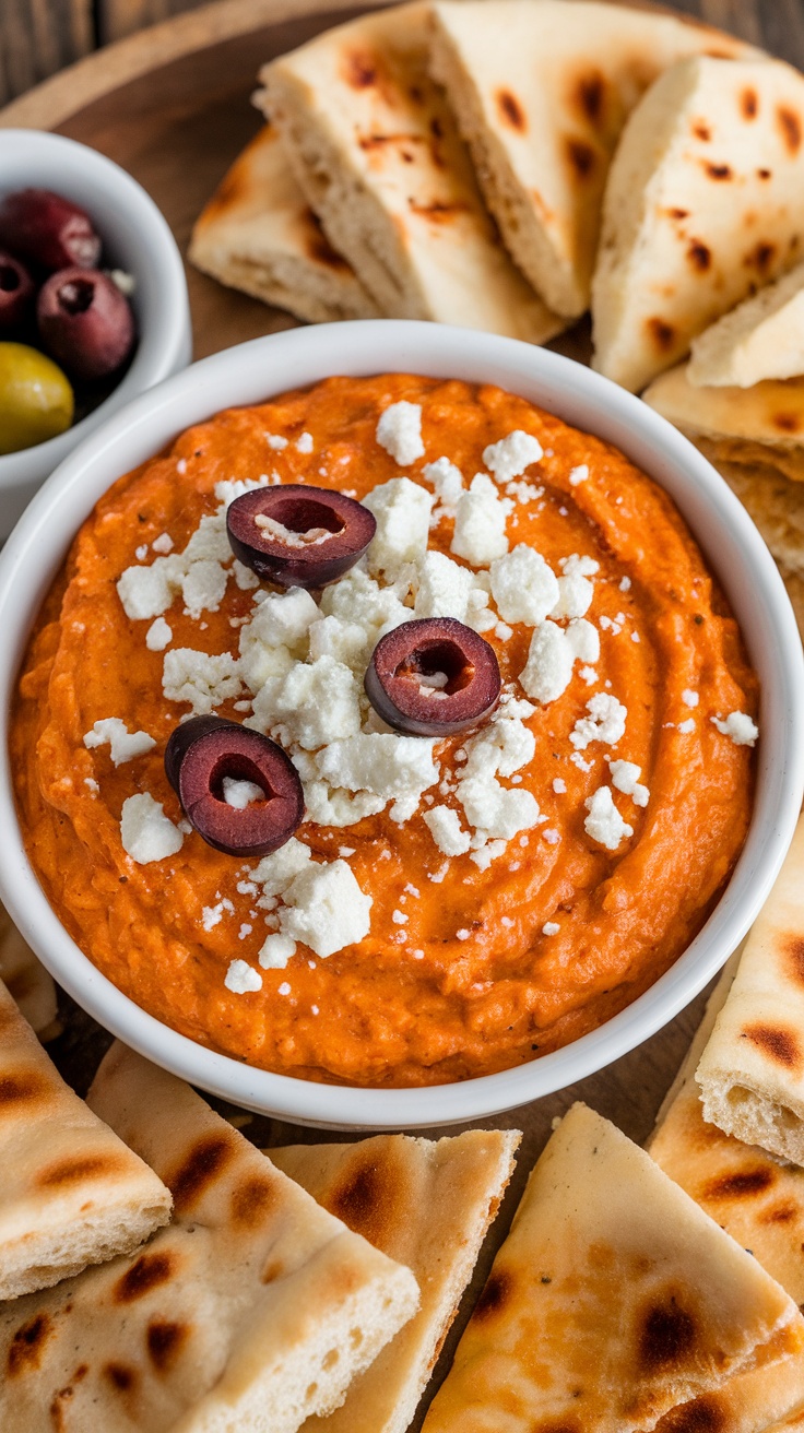 Mediterranean Buffalo Chicken Dip with pita chips and olives