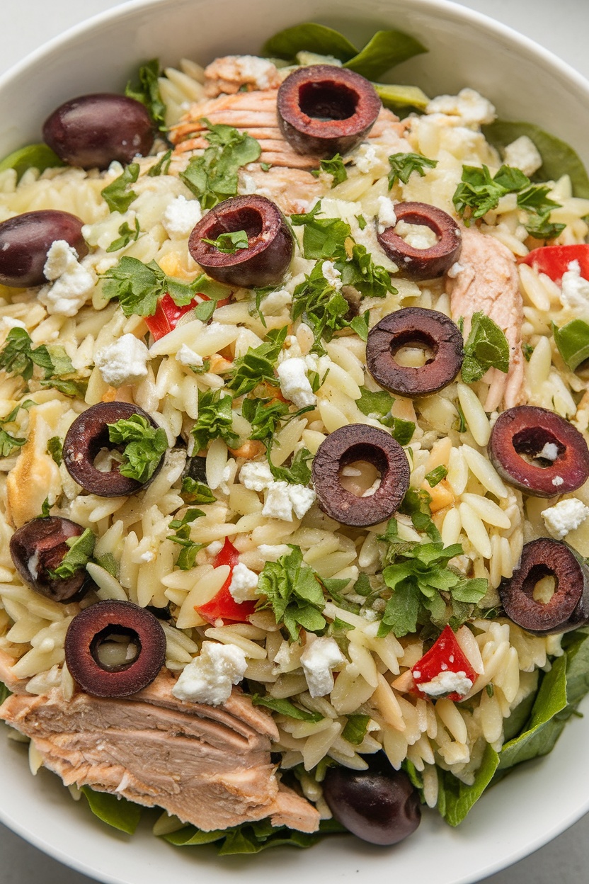 A bowl of Mediterranean Chicken Orzo with olives, herbs, and shredded chicken.