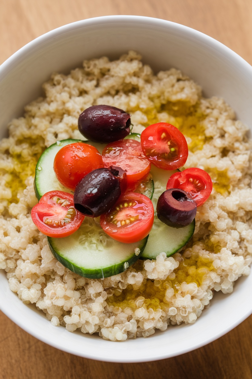 A Mediterranean quinoa bowl with fresh vegetables and olives.