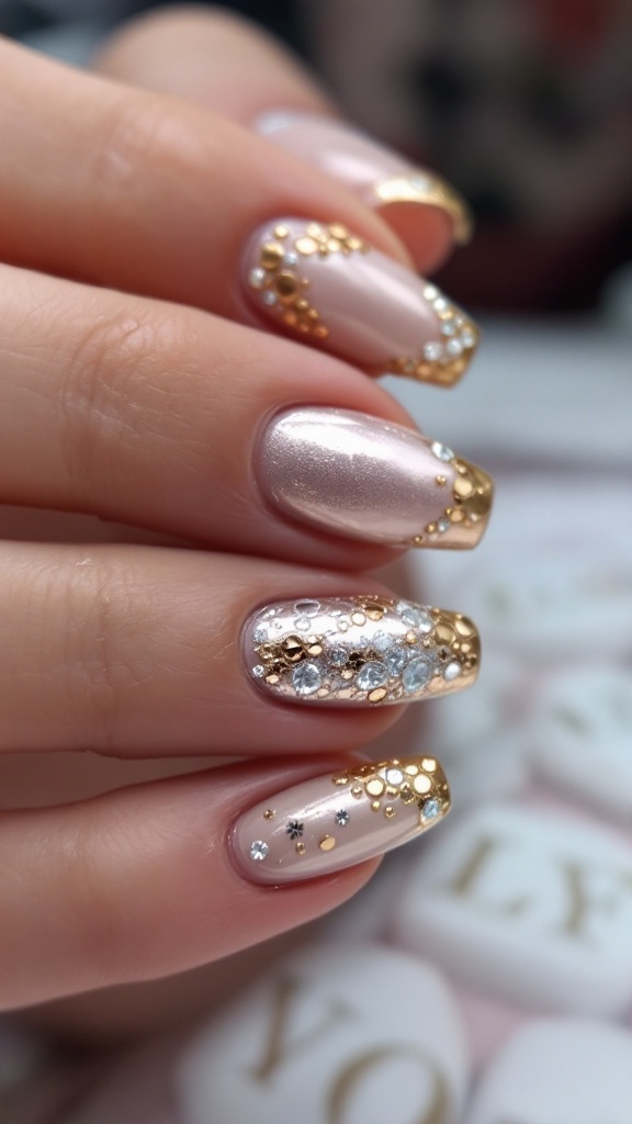 Nail art featuring metallic accents with gold and pastel tones, adorned with rhinestones and beads.