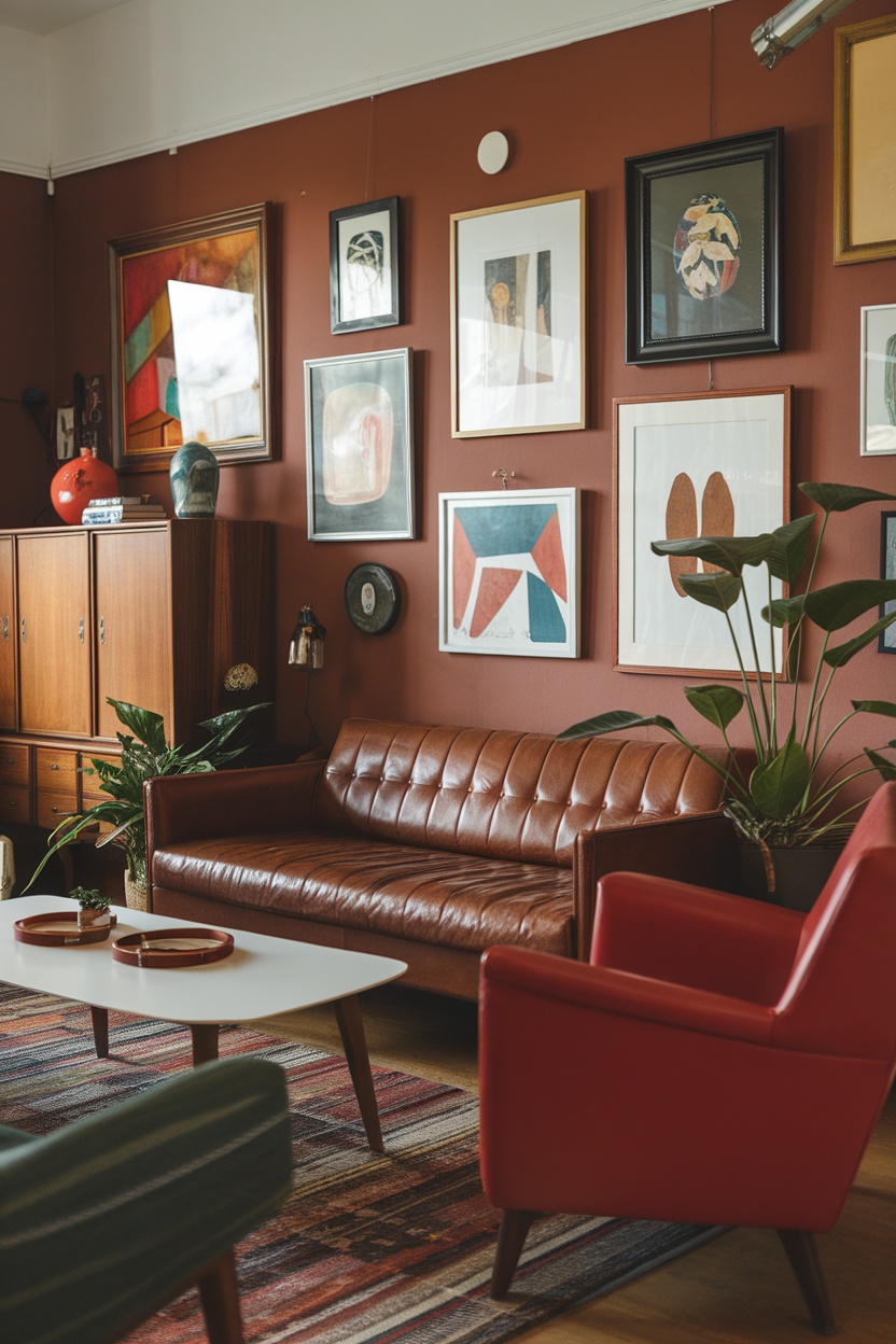 A cozy living room featuring a brown leather sofa, red accent chairs, and a gallery wall with various artworks.