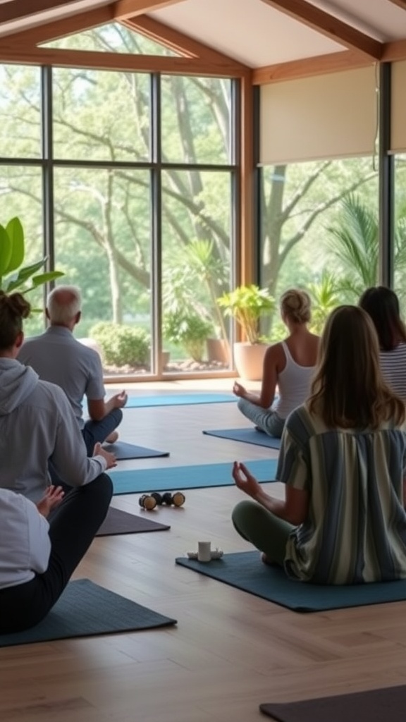 A group of people practicing meditation in a bright, plant-filled room with large windows.
