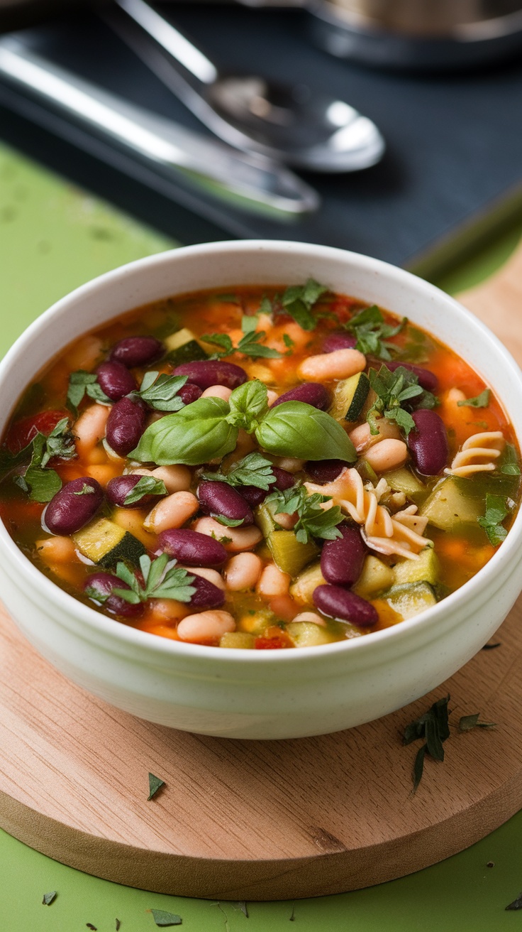 A bowl of minestrone soup with fresh herbs, beans, and vegetables.