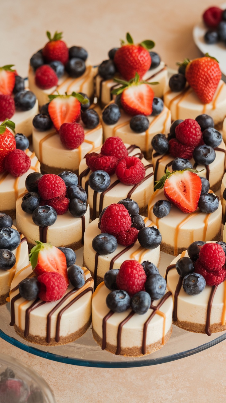 Mini cheesecakes topped with fresh fruits like strawberries, blueberries, and raspberries, drizzled with chocolate or caramel sauce.