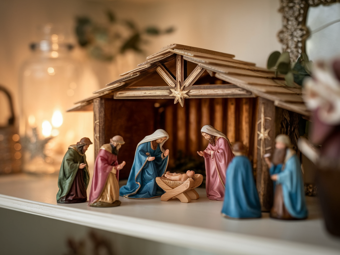 A detailed miniature nativity scene with Mary, Joseph, and three wise men surrounding baby Jesus in a rustic stable.