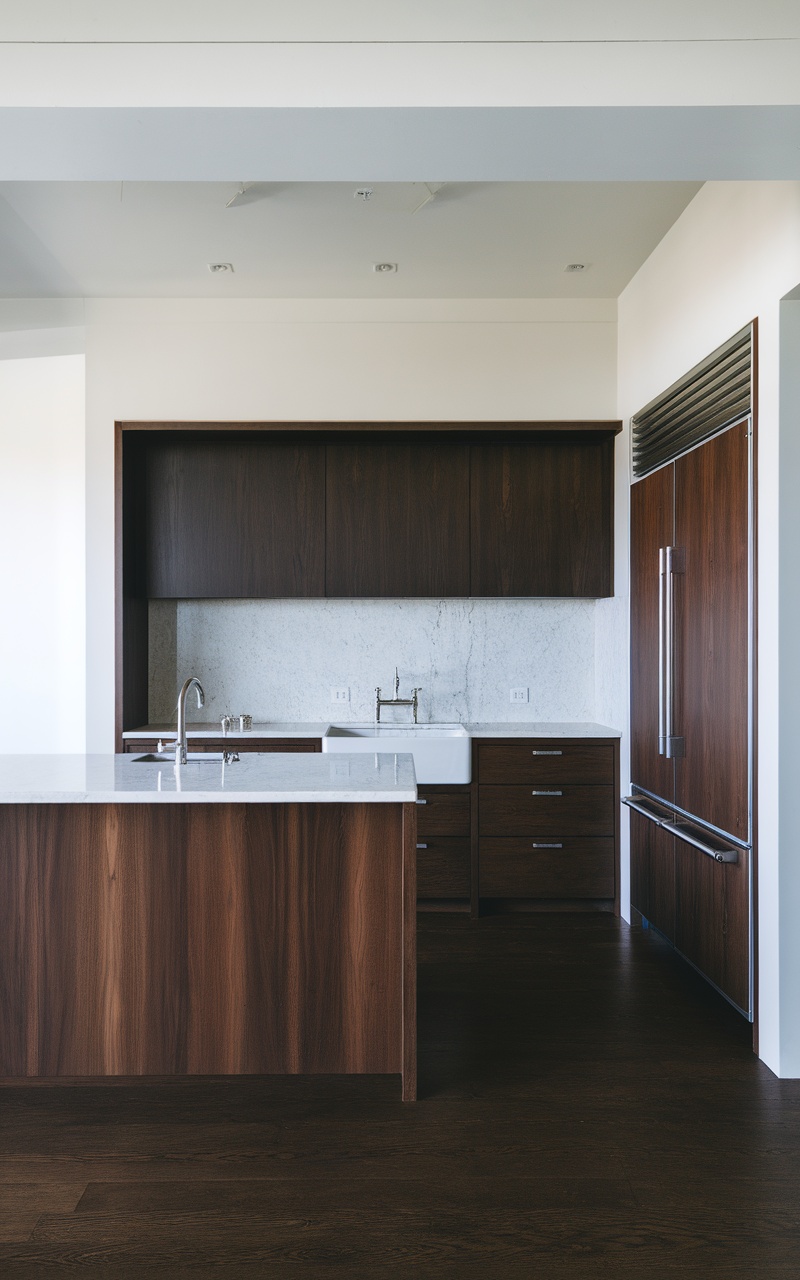 Minimalist kitchen featuring dark cherry wood cabinetry and marble countertop.