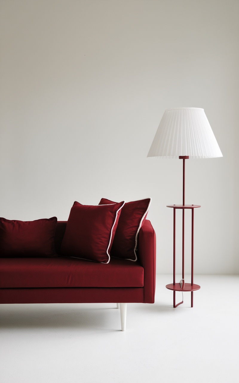 A dark cherry red couch with white pillows beside a white lamp on a minimalist background.