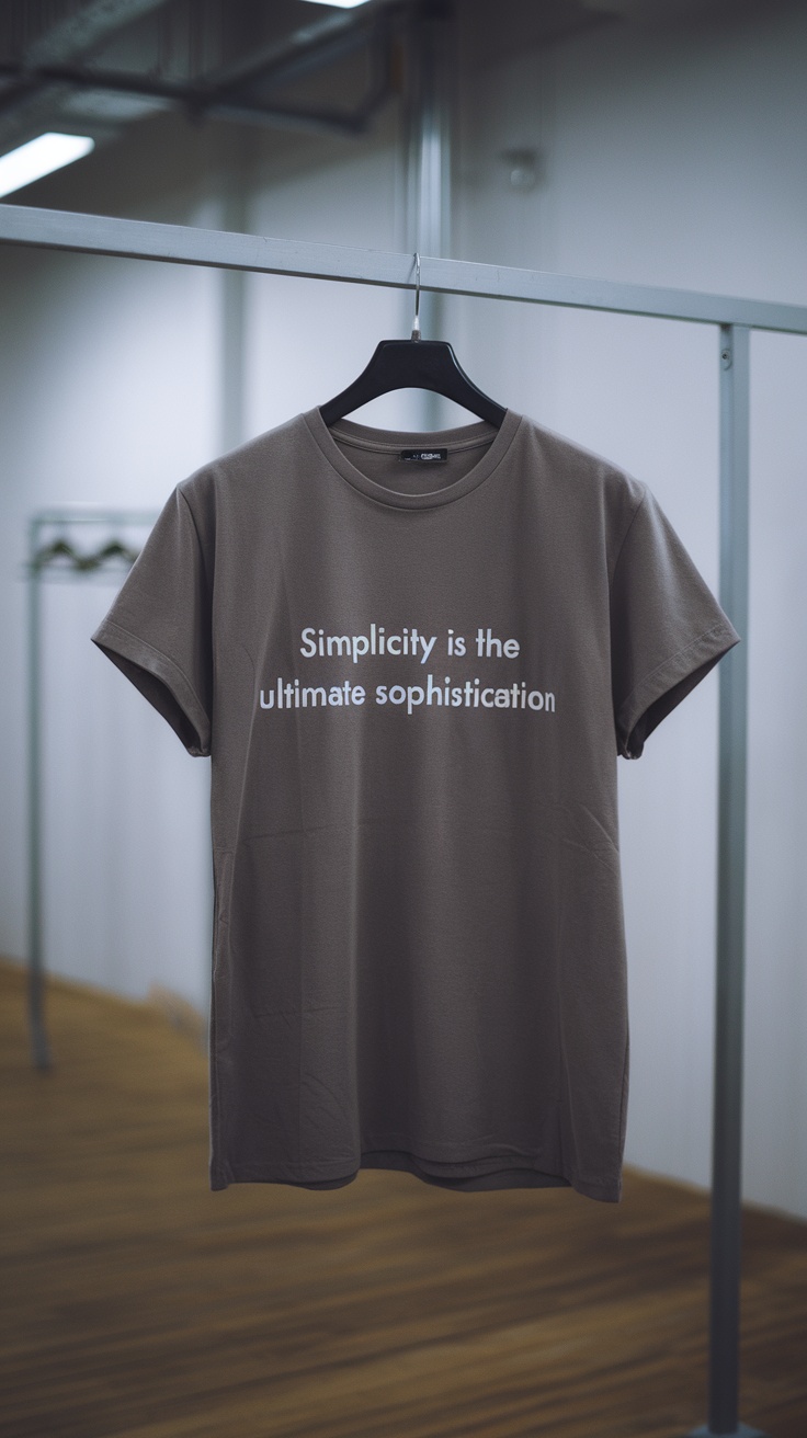 A minimalist brown t-shirt with the text 'Simplicity is the ultimate sophistication' displayed prominently.