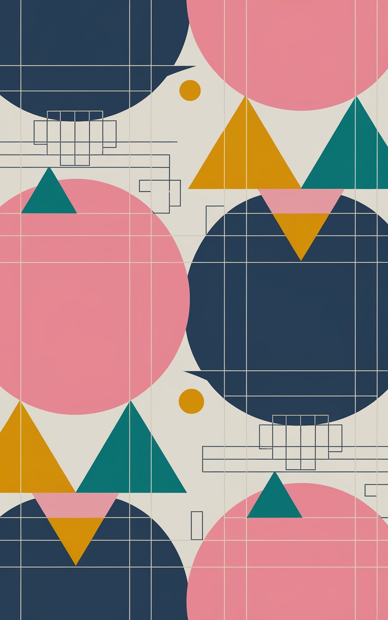 Minimalist geometric shapes wallpaper featuring pink circles, navy blue circles, and colorful triangles.