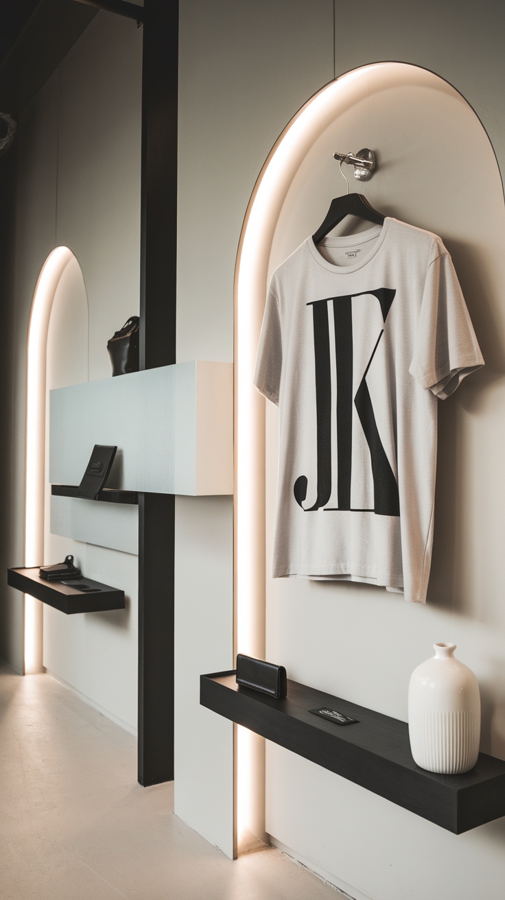 A minimalist logo t-shirt displayed on a stylish hanger in a modern store setting.