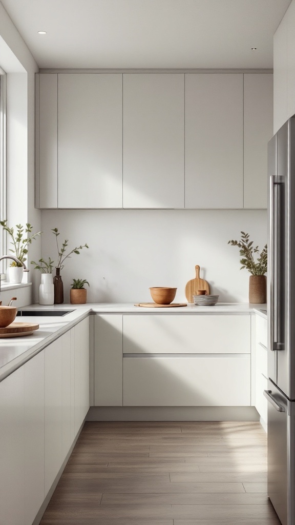 A minimalistic kitchen featuring sleek cabinetry, neutral colors, and natural light.