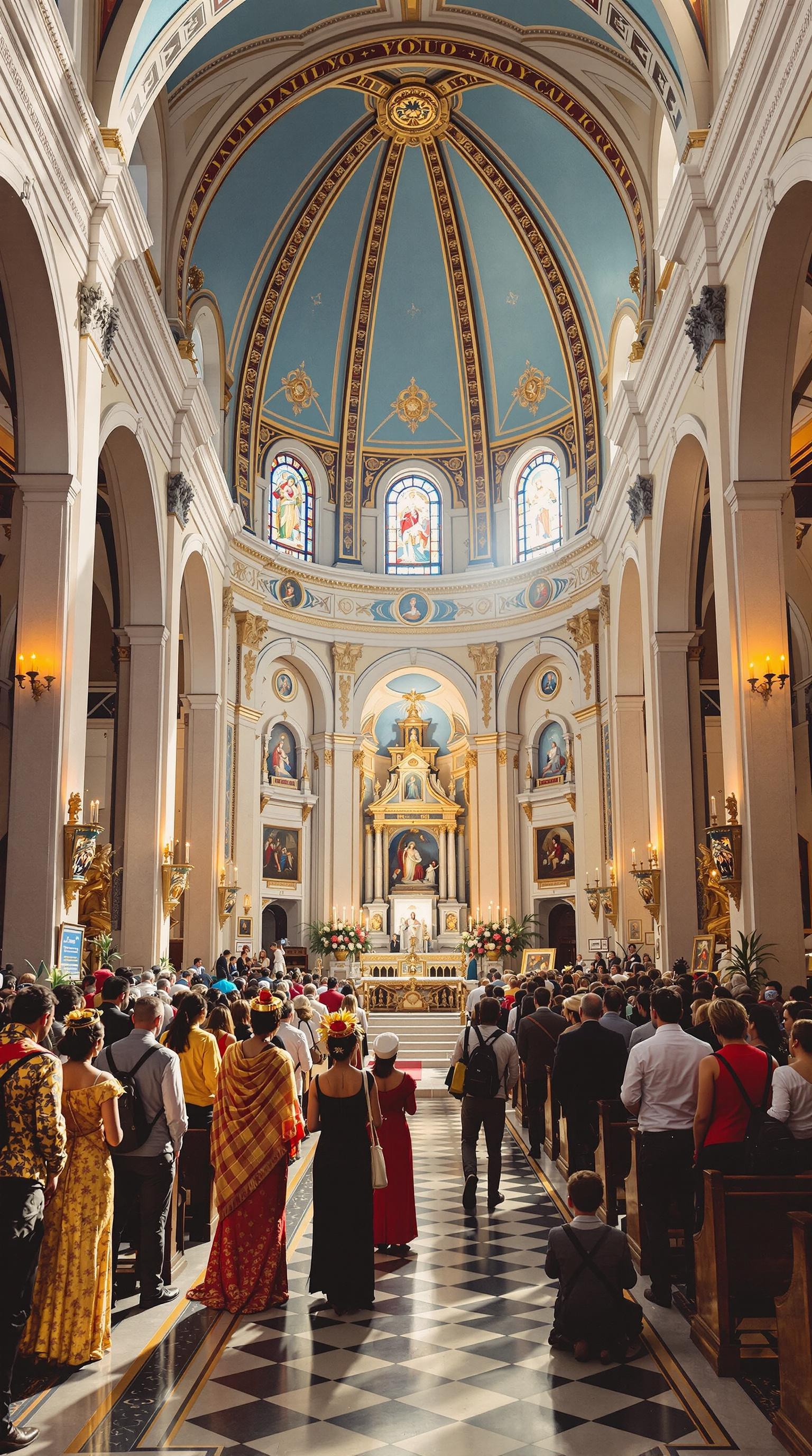 A crowded church interior during Misa de Gallo, with colorful decorations and attendees in traditional outfits.