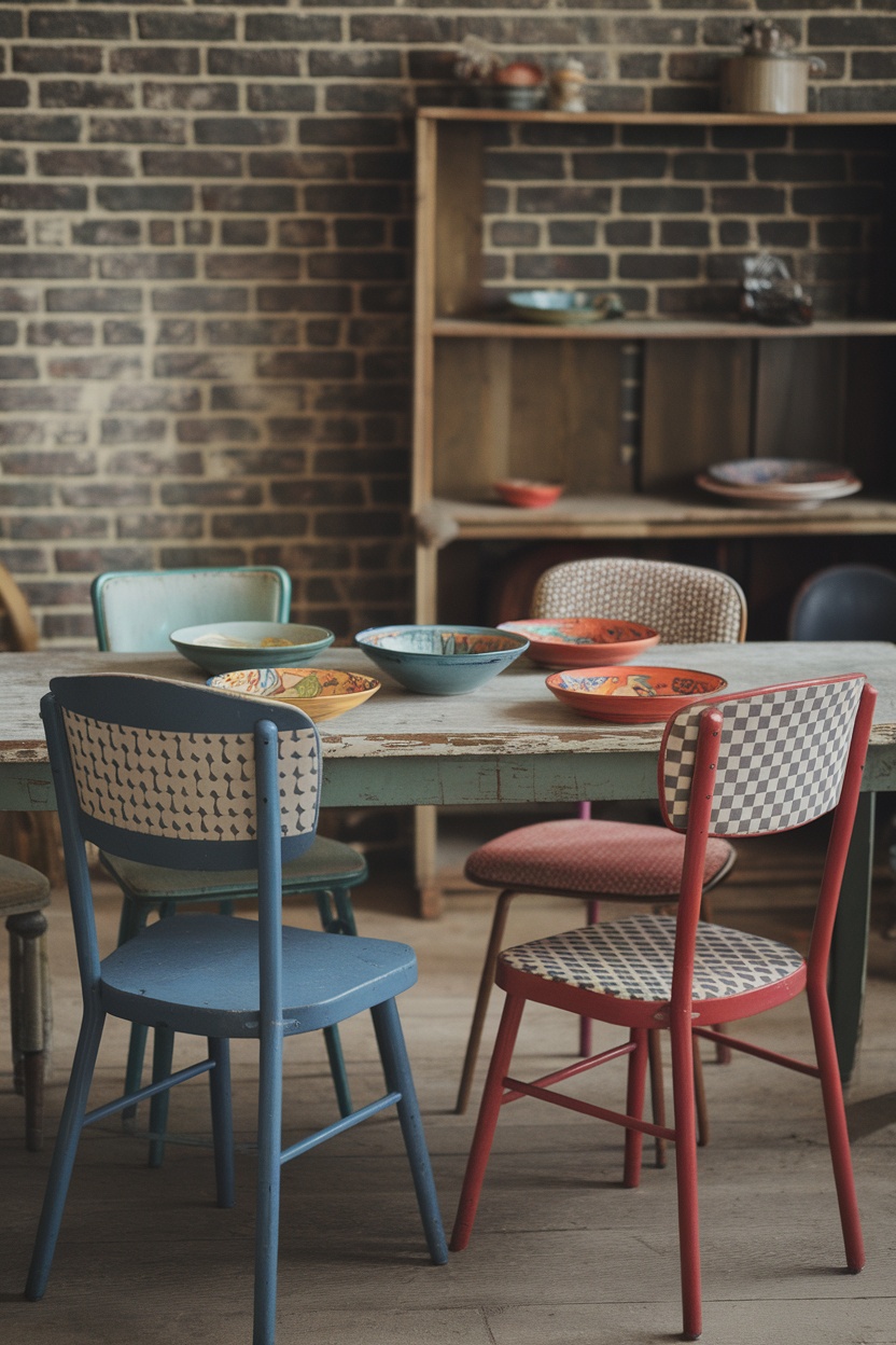 A cozy dining area with a mismatched set of colorful chairs and bowls on a rustic table.