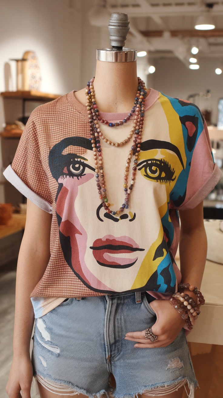 Vibrant streetwear t-shirt featuring colorful face illustration, paired with distressed denim shorts and layered necklaces.