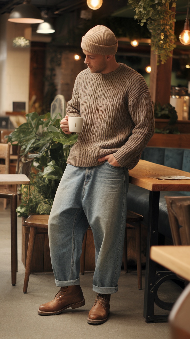 A man wearing a chunky knit sweater and baggy jeans, holding a cup in a cafe setting.