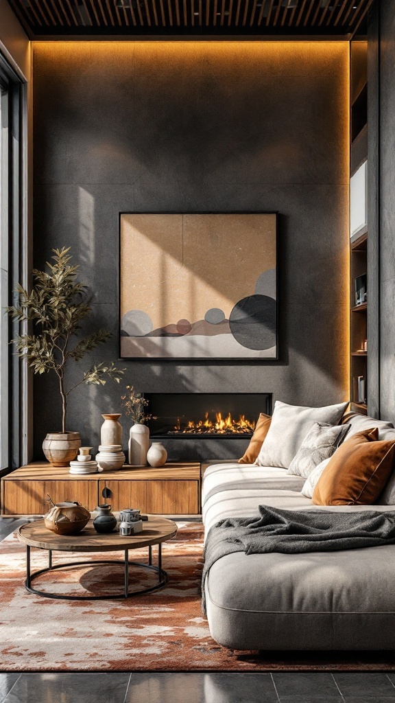 A stylish maximalist living room featuring a mix of textures with a gray wall, plush sofa, wooden coffee table, and artistic decor.