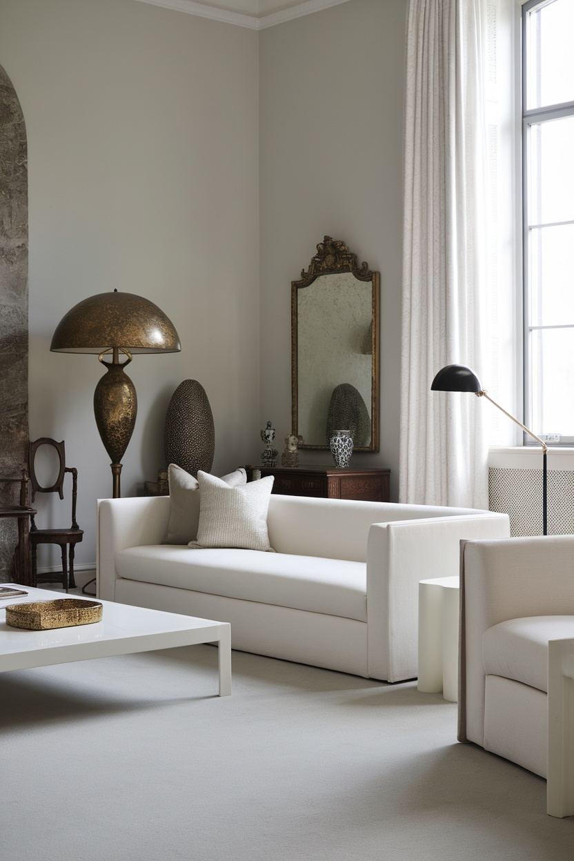 A living room featuring a modern white sofa, a vintage lamp, and an antique mirror, showcasing a blend of styles.