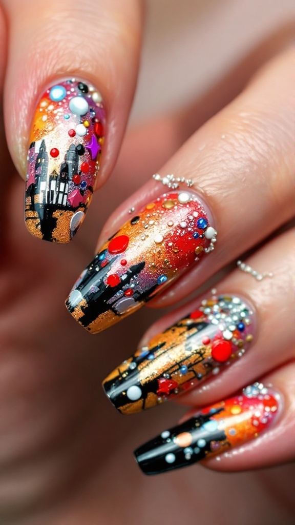 Colorful nail art design featuring mixed media elements