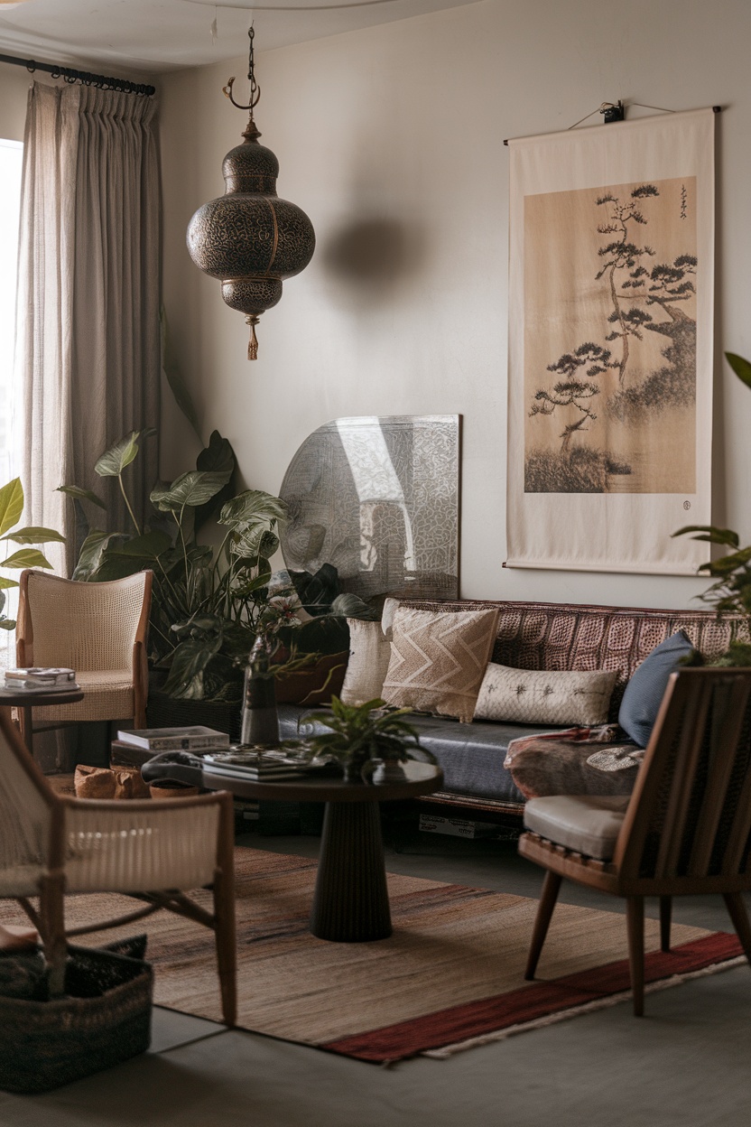 A cozy living room featuring a mix of cultural decor, plants, and layered textiles.