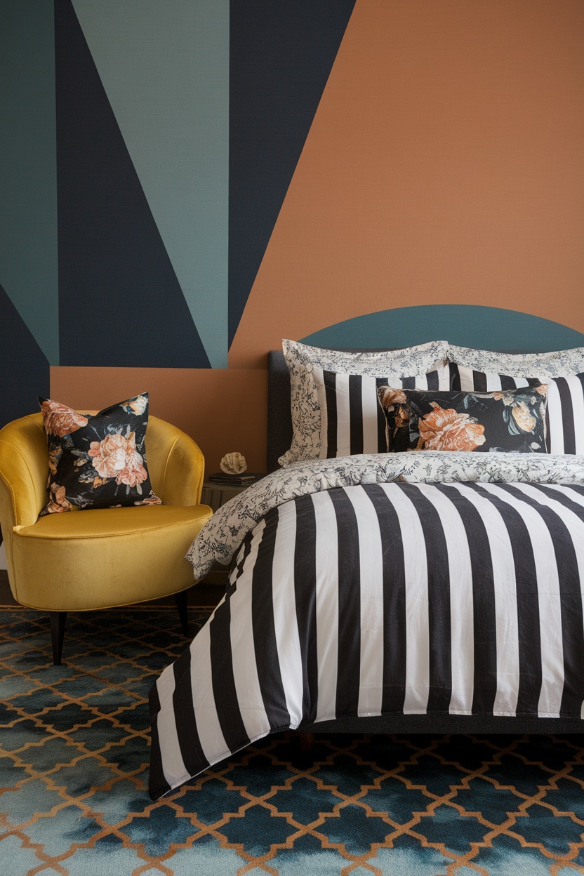 A vibrant bedroom with striped bedding, floral pillows, a yellow chair, and geometric wall patterns.