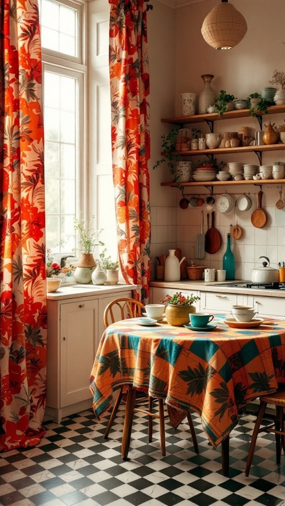 A vibrant kitchen featuring floral curtains, a checkered tablecloth, and various kitchenware.