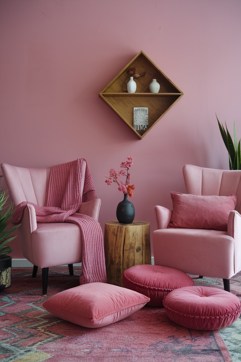 A cozy pink room with two armchairs, a wooden table, and pillows on a patterned rug.