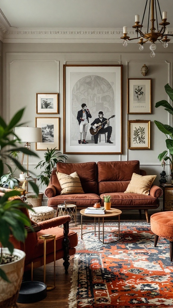 A cozy maximalist living room featuring a vintage brown sofa, modern art, and a mix of plants and decor elements.