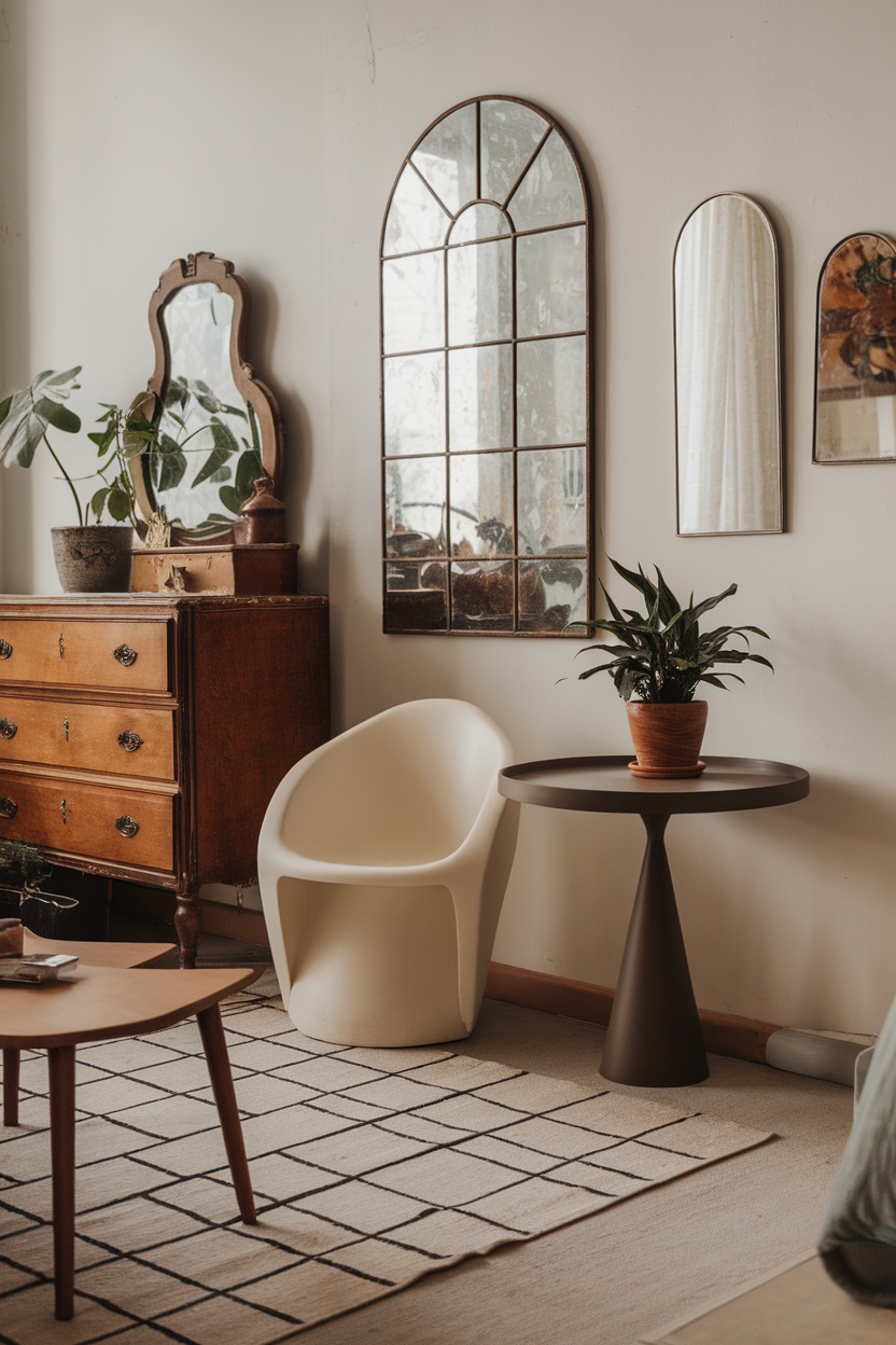 A cozy corner with vintage and modern furniture, including a wooden dresser, a sleek modern chair, and mirrors on the wall.