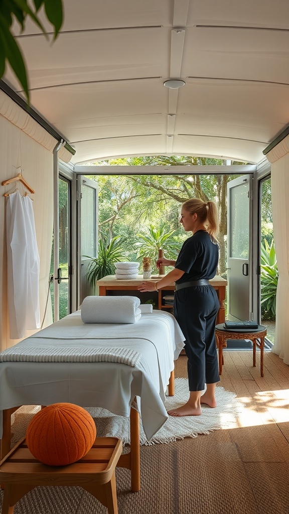 A mobile massage therapy setup with a massage table, towels, and natural light.