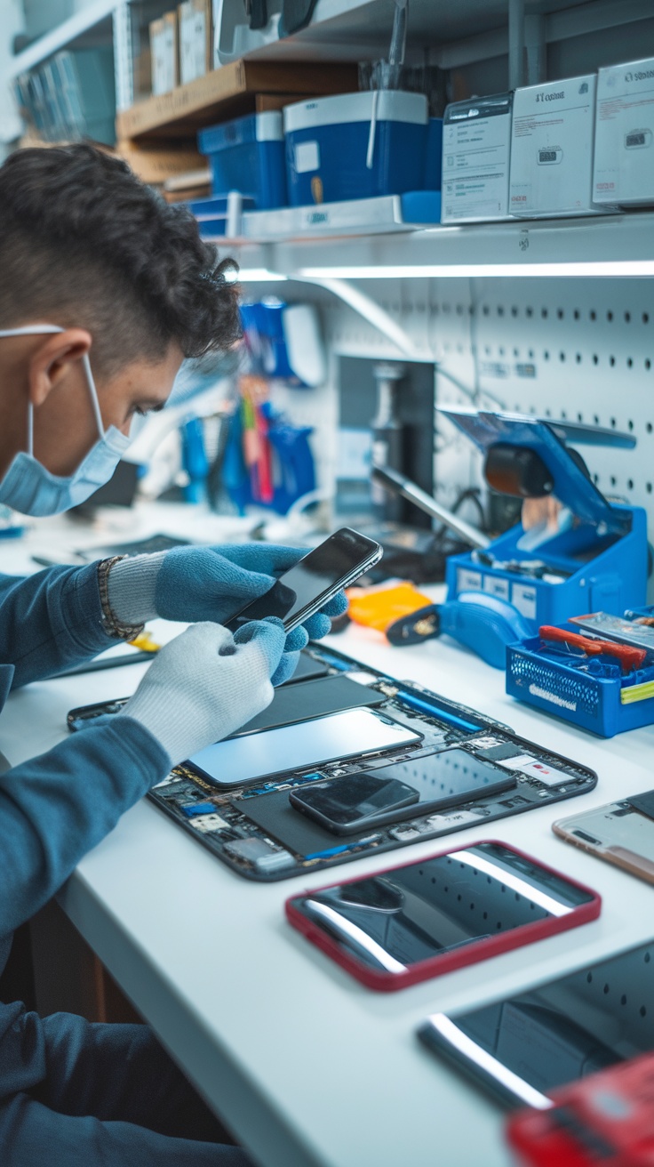 A technician repairing a smartphone screen in a well-organized workspace with various tools.