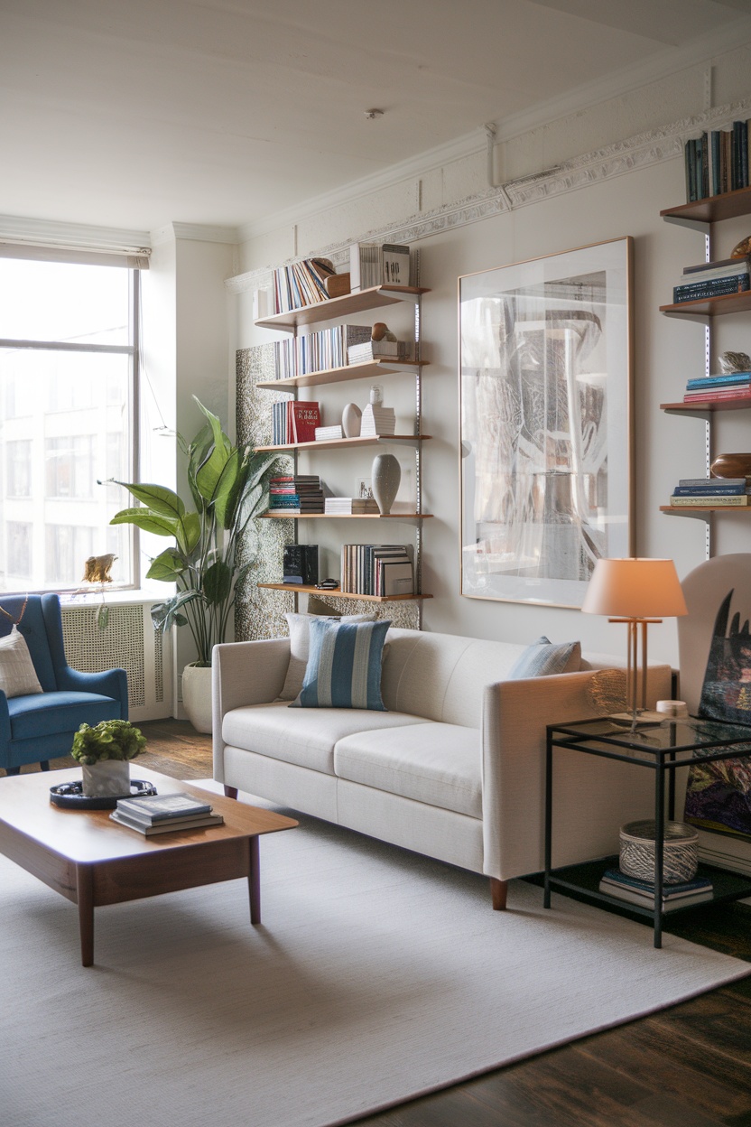 Cozy living room with beige couch, blue chair, open shelves filled with books and decorations, a potted plant, and a wooden coffee table.