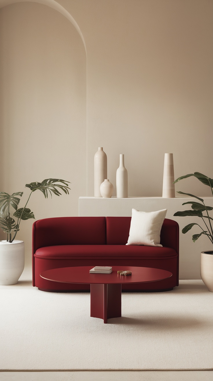 A modern minimalist living room featuring a dark cherry red couch, a round coffee table, neutral walls, and green plants.