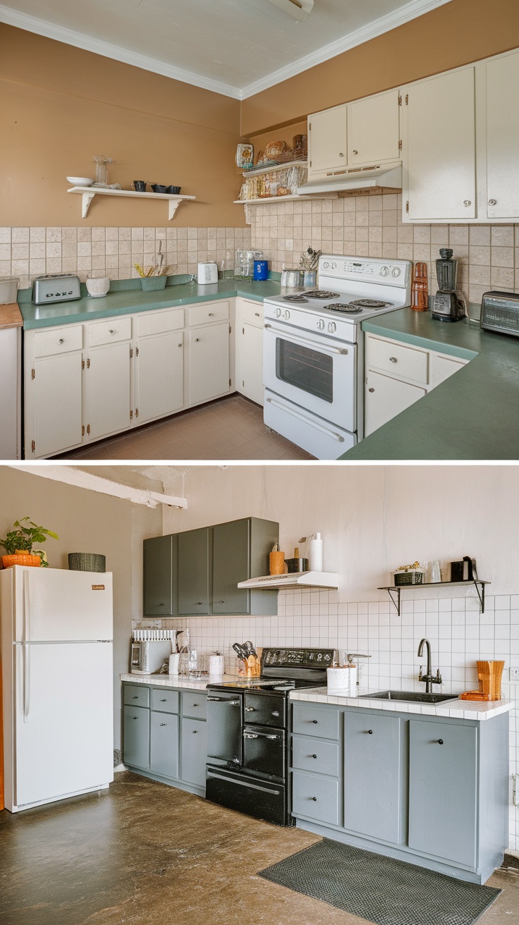 Comparison of an outdated kitchen and a modernized kitchen