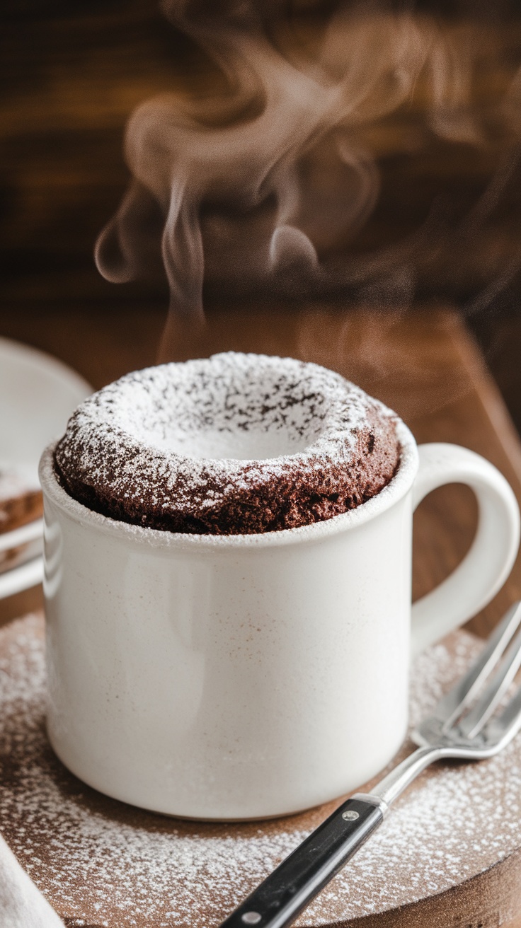 A steaming mug of molten chocolate cake dusted with powdered sugar.